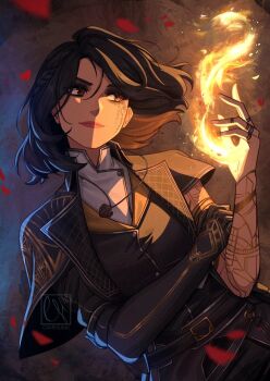 1girl arm_tattoo armband belt black_belt black_coat black_eyeshadow black_gloves black_hair black_jacket black_pants blue_background bob_cut braid brown_background brown_eyes caminukai clair_obscur:_expedition_33 coat cropped_jacket elbow_gloves eyeshadow facial_mark facial_tattoo falling_petals fire floating_hair floating_neckwear gloves hair_between_eyes highres jacket jewelry layered_clothes light_smile looking_to_the_side lune_(clair_obscur:_expedition_33) makeup mandarin_collar multicolored_coat necklace night pants petals pink_lips red_petals ring shirt short_hair short_sleeves signature single_braid single_glove solo striped_clothes striped_coat striped_gloves striped_jacket striped_shirt tattoo twitter_username two-tone_background two-tone_coat vertical-striped_clothes vertical-striped_coat vertical-striped_jacket vertical-striped_shirt white_shirt wide_sleeves yellow_armband yellow_coat