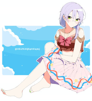 1girl bare_shoulders barefoot blush bow bowtie closed_mouth commentary_request dress frown full_body glasses green_eyes green_nails grey_hair hair_over_shoulder heaven_burns_red highres izumi_yuki_(heaven_burns_red) knees_up letterboxed long_hair looking_at_viewer nail_polish outline pink_bow pink_bowtie pink_skirt pleated_skirt round_eyewear school_uniform serafuku sitting skirt solo sundress toenail_polish toenails toes v-shaped_eyebrows white_outline xdjf63qbpt0iqmj