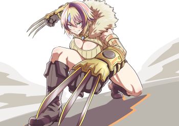 Rule 34 | absurdres, boots, breasts, claw (weapon), cleavage, cleavage cutout, clothing cutout, commentary request, fighting stance, foreshortening, fur trim, grin, highres, large breasts, multicolored hair, nintendo, on one knee, personification, pokemon, ribbed shirt, shirt, smile, solo, streaked hair, weapon, yokomiya4538