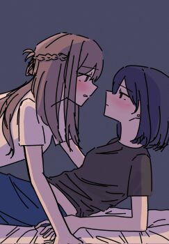 2girls black_shirt blue_eyes blue_hair blue_pants blush braid brown_eyes brown_hair closed_mouth commentary earrings eye_contact fvksar4wa5mmytj grey_background half_up_braid highres jewelry looking_at_another medium_hair miyagi_shiori multiple_girls pants parted_lips sendai_hazuki shirt shuuniichido_classmate_wo_kau_hanashi simple_background stud_earrings symbol-only_commentary white_shirt yuri