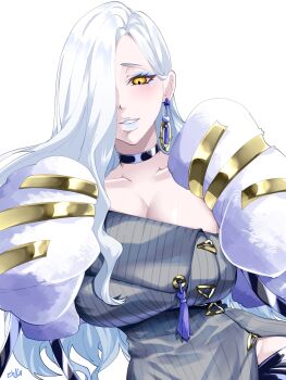 Rule 34 | 1girl, bare shoulders, black shorts, blue lips, blush, breasts, choker, cleavage, commentary request, dress, earrings, eyeliner, fate/grand order, fate (series), fumizuki kazuhito, grey dress, grin, hair over one eye, hebi nyoubou (fate), highres, hoop earrings, jacket, jewelry, large breasts, long hair, long sleeves, looking at viewer, makeup, mrs. snake (second ascension) (fate), off shoulder, shorts, smile, solo, sweater, sweater dress, tassel, white hair, white jacket, yellow eyes