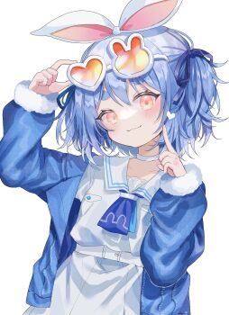 1girl :3 adjusting_eyewear animal_ears arm_up blue_hair blue_jacket blue_neckerchief blue_ribbon blush choker closed_mouth collarbone commentary_request dress eyewear_on_head fuinagi_(huyuu_mm) fur-trimmed_sleeves fur_trim hair_ribbon hand_up heart heart-shaped_eyewear highres hololive index_finger_raised jacket long_sleeves looking_at_viewer neckerchief open_clothes open_jacket rabbit-shaped_eyewear rabbit_ears rabbit_girl ribbon sailor_collar sailor_dress short_hair simple_background smile solo sunglasses thick_eyebrows tinted_eyewear two_side_up upper_body usada_pekora virtual_youtuber white_background white_choker white_dress white_sailor_collar yellow-tinted_eyewear yellow_eyes