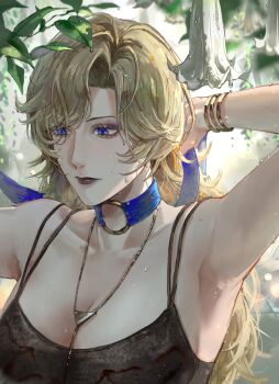 1girl absurdres armpits arms_behind_head blonde_hair blue_choker blue_eyes bracelet breasts choker cleavage dress flower gold_necklace highres jewelry large_breasts long_hair looking_to_the_side makeup mascara mole mole_on_cheek multiple_bracelets necklace path_to_nowhere plant purple_lips solo sweat sweatdrop vautour_bleu_(path_to_nowhere) yosomaru