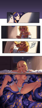 !? 2girls :d bowlegged_pose breasts cait_aron clueless dark-skinned_female dark_skin door elf highres hololive hololive_english imminent_penetration imminent_vaginal kankaku_shadan large_breasts long_hair multicolored_hair multiple_girls navel ninomae_ina'nis nipples open_door open_mouth partially_underground_shot pointy_ears shiranui_flare sleeping smile spread_legs stuck tentacle_pit tentacle_sex tentacles through_ground two-tone_hair virtual_youtuber zzz