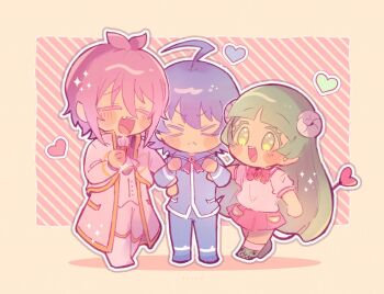 &gt;_&lt; 1girl 2boys :d ahoge ascot asmodeus_alice babyls_school_uniform blue_pants blue_shoes blush bow chibi closed_eyes curled_horns green_hair green_shoes heart highres horns locked_arms mairimashita!_iruma-kun multiple_boys open_mouth pananamo pants pink_bow pink_skirt school_uniform sharp_teeth shirt shoes short_sleeves skirt smile suzuki_iruma tail teeth valac_clara white_ascot white_pants white_shirt white_shoes