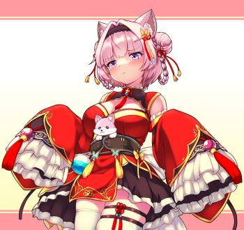 1girl animal_ears black_hairband blue_eyes blush bow braid braided_hair_rings breasts brown_corset brown_skirt china_dress chinese_clothes cleavage closed_mouth corset detached_sleeves double_bun dress gradient_eyes hair_bun hair_intakes hair_ornament hair_ribbon hair_rings hairband hakui_koyori highres hololive kokoro_(hakui_koyori) large_breasts legwear_garter long_sleeves looking_down medium_hair multicolored_eyes pink_hair purple_eyes red_background red_dress red_ribbon red_sleeves ribbon single_legwear_garter skirt sleeves_past_fingers sleeves_past_wrists tassel tdk thigh_strap thighhighs thighs two-tone_background white_background white_thighhighs wolf_ears wolf_girl yellow_bow