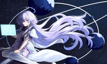 Rule 34 | 1girl, absurdres, commentary, earrings, grey hair, halo, highres, holographic interface, id card, jacket, jewelry, long hair, looking at viewer, mornye (wuthering waves), parted lips, prosthesis, red eyes, sitting, solo, tapume, triangle earrings, white jacket, wuthering waves