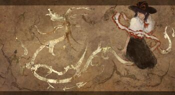 1girl 320tbsyc black_hat black_skirt bow cave_paintings commentary_request dragon eastern_dragon frilled_ribbon frilled_shirt frills gold hagoromo hat hat_bow letterboxed long_skirt looking_to_the_side nagae_iku ribbon seiza shawl shirt sitting skirt touhou white_shirt