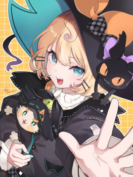 1girl :d ahoge aqua_eyes aqua_nails artist_name bell black_jacket blonde_hair bow cardigan commentary famillie_(millie_parfait) fang grid_background hair_between_eyes hat hat_bow highres jacket kgr large_hat light_blush looking_at_viewer lucie_(millie_parfait) medium_hair millie_parfait millie_parfait_(1st_costume) neck_bell nijisanji nijisanji_en open_mouth orange_cardigan outstretched_hand signature smile symbol-only_commentary twitter_username virtual_youtuber witch_hat