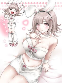 1girl absurdres animal_ears bare_arms bare_shoulders blush breasts brown_hair cleavage collarbone commentary_request danganronpa_(series) danganronpa_2:_goodbye_despair fake_animal_ears full_body fur_wrist_cuffs highres large_breasts medium_hair mole mole_on_breast moon_(moon0771110) nanami_chiaki navel pink_eyes rabbit_ears shiny_skin sitting skirt smile solo stomach white_wrist_cuffs wrist_cuffs yawning