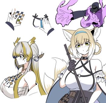1other 2girls absurdres aged_up alternate_breast_size_(larger) ambiguous_gender animal_ears arknights black_coat black_gloves blonde_hair blue_hair blue_hairband braid braided_hair_rings breasts choebal1356201 coat commentary_request doctor_(arknights) dragon_girl dragon_horns eastern_dragon_horns fox_ears fox_girl gloves grey_hair hair_rings hairband highres hood hood_up horns huge_breasts kitsune korean_commentary multicolored_hair multiple_girls multiple_tails shu_(arknights) simple_background strapless suzuran_(arknights) tail tube_top two-tone_hair white_background white_hair white_tube_top