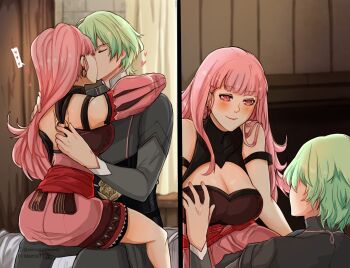 1boy 1girl alternate_hairstyle ass black_pants black_shirt breasts cleavage closed_eyes closed_mouth commentary commission earrings english_commentary fire_emblem fire_emblem:_three_houses grabbing_another&#039;s_breast green_hair groping hair_down heart hetero highres hilda_valentine_goneril hilda_valentine_goneril_(timeskip) hoop_earrings indoors jewelry kiss large_breasts lips long_hair looking_at_another male_byleth_(awakened)_(fire_emblem) male_byleth_(fire_emblem) nintendo o-ring pants pink_hair pink_lips shirt short_hair sierra117renner sitting sitting_on_lap sitting_on_person smile twitter_username undressing_another very_long_hair