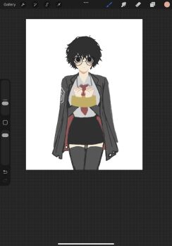 1girl black_eyes black_hair blush bound bound_wrists chain coat coat_on_shoulders collared_shirt commentary english_commentary glasses highres lcb_uniform_(project_moon) limbus_company looking_at_viewer messy_hair necktie project_moon shirt simple_background sora_(project_moon) thighhighs unfinished whoiseni