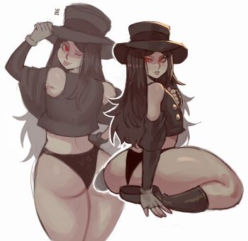 Rule 34 | 1other, absurdres, androgynous, ass, bare shoulders, black boots, black hair, black hat, black jacket, black panties, boots, commentary, fingerless gloves, gloves, grey gloves, guilty gear, guilty gear strive, hand on own chest, hat, highres, jacket, long hair, looking at viewer, multiple views, one eye closed, other focus, panties, parted bangs, parted lips, red eyes, simple background, sitting, testament (guilty gear), tongue, tongue out, top hat, underwear, white background, widisu