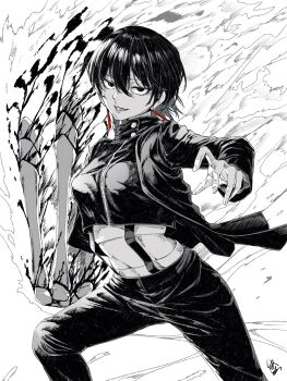 1girl absurdres black_coat blood bloody_weapon bone breasts clothing_cutout coat endo_yohane fire flaming_weapon greyscale highres kagari_hiyuki kagurabachi looking_at_viewer midriff monochrome pyrokinesis ribbon_earrings short_hair smoke smug solo stomach_cutout weapon