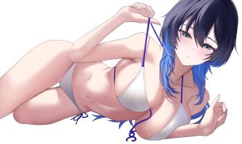 Rule 34 | 1girl, absurdres, alternate costume, bikini, blue eyes, blue hair, breasts, cleavage, colored inner hair, commentary, highres, hololive, hololive english, large breasts, looking at viewer, lying, multicolored hair, navel, official alternate hairstyle, open clothes, ouro kronii, si farid, simple background, solo, stomach, strap lift, swimsuit, untied bikini, virtual youtuber, white background, white bikini, wolf cut