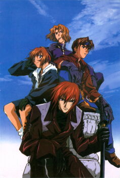 1990s_(style) 4boys absurdres black_gloves black_hair boots brown_eyes brown_hair cloud coat fujimiya_ran gloves goggles goggles_on_head hidaka_ken highres holding holding_removed_eyewear jacket kudou_youji looking_at_viewer magazine_scan male_focus multiple_boys non-web_source official_art orange_hair red_hair retro_artstyle scan sitting sky sunglasses sword tsukiyono_omi unworn_eyewear weapon weiss_kreuz