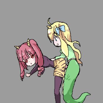 1futa 1girl animated animated_gif blonde_hair breasts from_behind futa_with_female futanari hair_ribbon hanazono_yurine horns hyperlolicrisis jashin-chan jashin-chan_dropkick penis pixel_art red_eyes red_hair ribbon sex shorts small_breasts snake_tail tail twintails