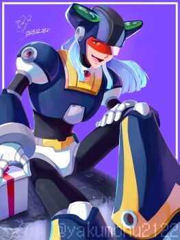 1boy armor assault_visor black_armor black_helmet blue_hair dynamo_(mega_man) helmet highres male_focus medium_hair mega_man_(series) mega_man_x_(series) purple_background red-tinted_eyewear simple_background sitting solo tinted_eyewear yakumohu2122