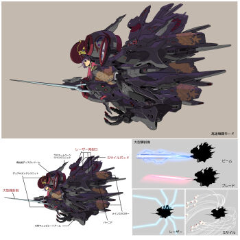 1girl ahoge bowl dendrobium_schema flying glowing glowing_weapon gundam hair_flaps highres in_bowl in_container japanese_clothes kimono long_sleeves looking_away mecha multiple_views needle obi outstretched_arm parody red_eyes robot sash sewing_needle short_hair silhouette simple_background sukuna_shinmyoumaru syope touhou weapon