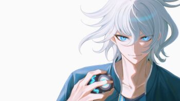 1boy ball baseball_(object) blue_jacket collarbone eyelashes hair_between_eyes hand_up hashtag-only_commentary highres hira_icigocha holding holding_ball jacket kamiya_shun looking_at_viewer male_focus shirt short_hair simple_background smile solo straight-on tribe_nine upper_body white_background white_hair