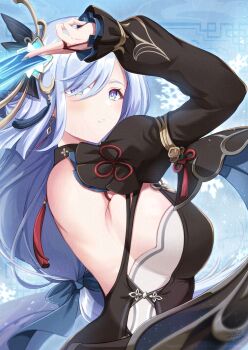 Rule 34 | 1girl, adversarial noise, arm up, azuma yuki, between fingers, black sleeves, blue eyes, blue nails, blue sky, breasts, card, commentary request, day, detached sleeves, genshin impact, grey hair, hair over one eye, highres, holding, holding card, large breasts, long hair, long sleeves, looking at viewer, looking to the side, nail polish, outdoors, puffy long sleeves, puffy sleeves, shenhe (frostflower dew) (genshin impact), shenhe (genshin impact), sideboob, sky, sleeves past wrists, snowflakes, solo, upper body, very long hair