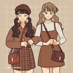 Rule 34 | 2girls, bag, belt, beret, blunt bangs, brown background, brown bag, brown belt, brown dress, brown eyes, brown hair, brown hat, brown jacket, brown skirt, brown theme, buttons, clenched hands, closed eyes, closed mouth, collared shirt, commentary, cowboy shot, crescent, crescent earrings, dress, drop earrings, earrings, emily kim, english commentary, eyelashes, fashion, grid background, grin, hair over shoulder, hat, instagram username, jacket, jewelry, light blush, lipstick, locked arms, long hair, long sleeves, makeup, miniskirt, mismatched earrings, multiple girls, o-ring, o-ring belt, original, own hands together, photo-referenced, plaid, plaid skirt, shirt, short dress, shoulder bag, simple background, skirt, sleeveless, sleeveless dress, sleeves past wrists, smile, spaghetti strap, sparkle, star (symbol), star earrings, straight-on, studded belt, sweater, turtleneck, turtleneck sweater, twintails, wavy hair, white sweater