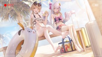 Rule 34 | 2girls, angel wings, azusa (blue archive), azusa (swimsuit) (blue archive), bare shoulders, barefoot, battery indicator, beach, bikini, bikini skirt, blonde hair, blue archive, bow, bow on wing, briefcase, crescent halo, eyewear on head, fake screenshot, feet, food-themed hair ornament, food print, foot focus, foreshortening, frilled bikini, frills, fruit print, hair ornament, halo, hand up, hifumi (blue archive), hifumi (swimsuit) (blue archive), highres, innertube, long legs, low twintails, low wings, multiple girls, navel, off-shoulder bikini, off shoulder, official alternate costume, official alternate hairstyle, orange hair ornament, orange print, palm leaf, palm tree, peroro (blue archive), pink bow, recording, ribbon-trimmed bikini, ribbon-trimmed swimsuit, ribbon trim, round eyewear, sitting, soles, strapless, strapless bikini, sunglasses, swim ring, swimsuit, toes, tree, twintails, viewfinder, watermelon hair ornament, waving, white bikini, white wings, wing hair ornament, winged halo, wings, yellow eyes, yellow halo, zhenli-mari