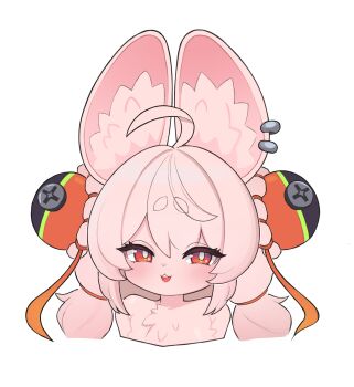 1girl ahoge animal_ear_fluff animal_ears blush braid bright_pupils chest_tuft ear_piercing furry highres long_hair looking_at_viewer piercing pink_fur pink_hair rabbit_ears rabbit_girl red_eyes sunggou tail twin_braids white_background zenless_zone_zero zhao_(zenless_zone_zero)
