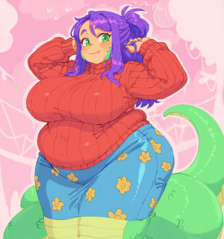 1girl blue_skirt blush breasts closed_mouth fang fat green_eyes green_tail hair_between_eyes highres huge_breasts lamia long_hair long_sleeves looking_at_viewer monster_girl original outline pink_background purple_hair red_sweater sidelocks sillydogjoe skirt solo sweater