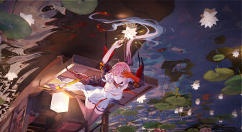 1girl absurdres arms_up black_collar black_thighhighs body_markings braid breasts changli_(wuthering_waves) closed_mouth collar colored_extremities commentary dress feather_hair hair_between_eyes hair_extensions hair_ornament highres large_breasts long_hair looking_at_viewer multicolored_hair pink_hair red_hands ring_hair_extensions smile solo thigh_strap thighhighs thighs twin_braids two-tone_hair upside-down very_long_hair white_dress white_hair wuthering_waves xiaoran_mico yellow_eyes