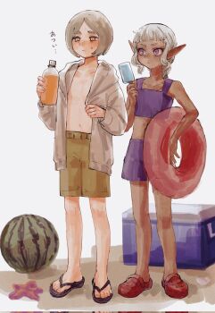 2boys androgynous blonde_hair blush bottle braid cooler crocs crop_top dark-skinned_male dark_elf dark_skin dungeon_meshi elf food fruit henonomae_(ky84146) highres holding holding_bottle holding_food holding_popsicle holding_swim_ring innertube jacket long_hair long_sleeves male_focus midriff multiple_boys navel official_alternate_costume open_clothes open_jacket pointy_ears popsicle purple_eyes sand sandals short_bangs short_hair shorts sidelocks starfish summer sweatdrop swim_ring thistle_(dungeon_meshi) watermelon wavy_hair white_background white_hair yaad_(dungeon_meshi) yellow_eyes