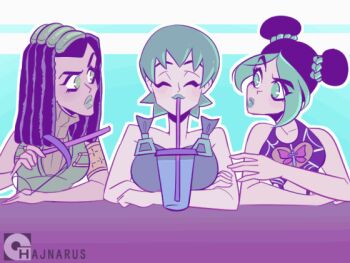 3girls animated animated_gif artist_name black_hair breasts closed_eyes commentary cup double_bun dreadlocks drink drinking drinking_straw english_commentary ermes_costello eyes_visible_through_hair foo_fighters_(jojo) green_eyes green_hair green_lips hair_bun hajnarus jojo_no_kimyou_na_bouken kuujou_jolyne lipstick long_hair looping_animation makeup multiple_girls plankton short_hair stone_ocean upper_body
