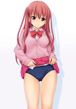 Rule 34 | 1girl, atarashi ako, blush, breasts, buruma, cameltoe, cardigan, closed mouth, clothes lift, commentary request, cowboy shot, highres, lifting own clothes, long hair, medium breasts, nonaka ritsu, pink hair, pink skirt, pleated skirt, red eyes, saki, saki (manga), saki achiga-hen, school uniform, shadow, skirt, skirt lift, smile, solo, thighs, two side up