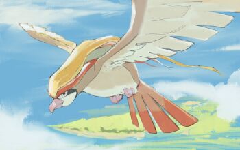Rule 34 | beak, bird, blue sky, cloud, flying, gen 1 pokemon, hashtag-only commentary, highres, long hair, looking at viewer, nintendo, no humans, pidgeot, pokemon, pokemon (creature), sakuraiisui, sky, talons, wings