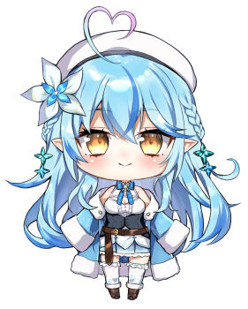 Rule 34 | ahoge, arms at sides, belt, beret, blue bow, blue bowtie, blue coat, blue hair, blue skirt, blue streaks, boots, bow, bowtie, braid, brown belt, brown boots, center frills, chibi, chibi only, cleavage cutout, closed mouth, clothing cutout, coat, coat partially removed, colored tips, commentary request, crossed bangs, double-parted bangs, flower, frilled shirt, frilled skirt, frilled thighhighs, frills, fur-trimmed boots, fur-trimmed coat, fur trim, hair between eyes, hair flower, hair ornament, half up braid, hat, heart, heart ahoge, hololive, leather belt, long hair, long sleeves, minatasiro, miniskirt, multicolored hair, off shoulder, plaid bow, plaid bowtie, plaid clothes, pleated skirt, pointy ears, seductive smile, shirt, simple background, skirt, sleeveless, sleeveless shirt, sleeves past fingers, sleeves past wrists, smile, snowflake print, streaked hair, thighhighs, underbust, very long hair, virtual youtuber, white background, white hat, white shirt, white thighhighs, yellow eyes, yukihana lamy, yukihana lamy (1st costume)
