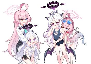 Rule 34 | 2girls, ahoge, bikini, black horns, blue-tinted eyewear, blue archive, blue eyes, blue necktie, blue one-piece swimsuit, blush, center frills, character name, collared shirt, commentary, demon girl, demon horns, demon wings, eyewear on head, finger in another's mouth, frilled bikini, frills, hair bobbles, hair ornament, hairclip, halo, heterochromia, highres, hina (blue archive), hina (swimsuit) (blue archive), horns, hoshino (blue archive), hoshino (swimsuit) (blue archive), hug, hug from behind, long hair, low twintails, miniskirt, multiple girls, multiple views, necktie, official alternate costume, old school swimsuit, one-piece swimsuit, open mouth, parted bangs, pencil skirt, pink hair, pink halo, plaid clothes, plaid skirt, purple eyes, purple halo, purple wings, ringed eyes, school swimsuit, shirt, side slit, simple background, skirt, sleeveless, sleeveless shirt, sunglasses, swimsuit, tinted eyewear, twintails, very long hair, white-framed eyewear, white background, white bikini, white hair, white shirt, wings, xtacy, yellow eyes
