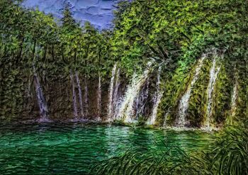 acrylic_paint_(medium) commentary_request dated_commentary day forest keisirou lake landscape nature no_humans original outdoors painting_(medium) scenery traditional_media water waterfall