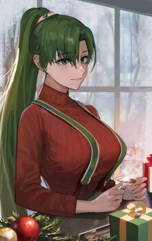 1girl arms_on_table breasts christmas christmas_ornaments christmas_present closed_mouth coffee counter cup disposable_cup earrings female_focus fire_emblem fire_emblem:_the_blazing_blade forest gift green_eyes green_hair hair_ribbon highres holding holding_cup indoors j@ck jewelry large_breasts long_hair looking_at_viewer lyn_(fire_emblem) matching_hair/eyes mug nature nintendo ponytail red_sweater ribbed_sweater ribbon smile snowing solo steam suspenders sweater tray turtleneck turtleneck_sweater upper_body very_long_hair window