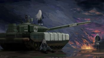 Rule 34 | 3girls, absurdres, aircraft, airplane, ak-12, ak-15 (girls' frontline), an-94, an-94 (girls' frontline), artist name, assault rifle, black boots, boots, bulletproof vest, camouflage, camouflage pants, closed eyes, combat boots, dated, defy (girls' frontline), fighter jet, fire, girls' frontline, gun, heavy machine gun, highres, kalashnikov rifle, leopard 2, load bearing vest, long hair, m1a2 sepv4 (artist), machine gun, military combat uniform, military uniform, military vehicle, motor vehicle, multiple girls, night, on ground, on tank, pants, reactive armor, rifle, russian air force, russian ground forces, russian text, sky, smoke, su-30, t-80, t-80bvm, tactical clothes, tank, weapon, white hair, z (russian symbol)