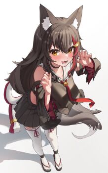 1girl :d animal_ear_fluff animal_ears black_choker black_hair black_serafuku black_shirt black_skirt black_sleeves choker claw_pose commentary cropped_shirt detached_sleeves double-parted_bangs fang full_body hair_ornament hairclip hands_up highres hololive kouhaku_nawa long_hair long_sleeves low-tied_long_hair miniskirt multicolored_hair neckerchief ookami_mio ookami_mio_(1st_costume) open_mouth pleated_skirt red_hair red_neckerchief rope sailor_collar sandals school_uniform serafuku shadow shimenawa shirt sidelocks simple_background skin_fang skirt sleeveless sleeveless_shirt smile solo spiked_hair streaked_hair tabi tail tail_around_own_leg tail_wrap thighhighs very_long_hair virtual_youtuber white_background white_hair white_sailor_collar white_thighhighs wide_sleeves wolf_ears wolf_girl wolf_tail woogi_(duguddnr) yellow_eyes zouri