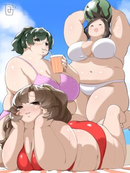 3girls armpits arms_up ass beach beach_towel bikini black_eyes black_hair blush body_freckles breasts brown_eyes brown_hair cleavage closed_eyes drink drinking_straw drinking_straw_in_mouth fat fat_woman food freckles fruit glasses hair_tie hands_on_own_cheeks hands_on_own_face holding holding_drink holding_fruit holding_watermelon huge_breasts large_breasts long_hair lying mizsawa multiple_girls navel on_stomach open_mouth original outdoors pink_bikini plump ponytail red_bikini short_hair sitting sky smile standing standing_on_one_leg swimsuit thick_arms thick_thighs thighs towel watermelon white_bikini zuisawa