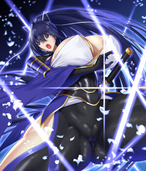 1girl action adapted_costume ahoge anus areola_slip armor ass black_bodysuit black_gloves blue_background blue_eyes blue_hair bodystocking bodysuit bodysuit_under_clothes bouncing_breasts breastless_bodysuit breastless_clothes breasts cameltoe cleavage clothing_cutout convenient_censoring covered_anus cowboy_shot drawing_sword dynamic_pose fighting_stance floating_hair from_below gauntlets gloves gluteal_fold gradient_background groin_tendon hair_between_eyes hair_ornament hair_ribbon hatsusora_sakuta highres hip_bones hip_vent holding holding_sword holding_weapon huge_breasts japanese_armor japanese_clothes katana kimono kote leg_up light_rays long_hair looking_to_the_side no_bra no_panties open_mouth original petals ponytail purple_eyes pussy reflection ribbon sheath shiny_clothes shoulder_armor sideless_outfit sidelocks skin_tight sode spread_legs sword teeth thick_thighs thighs tight_clothes toned undershirt unsheathing upper_teeth_only v-shaped_eyebrows very_long_hair weapon wide_hips wide_sleeves