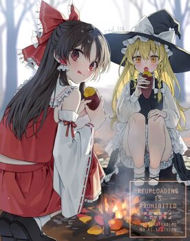 2girls :q apron bare_tree black_hat black_shoes black_skirt black_vest blonde_hair bloomers blush bow braid brown_hair commentary_request ctd_114 detached_sleeves eating fire food frilled_bow frilled_hair_tubes frills hair_bow hair_tubes hakurei_reimu hat hat_bow highres kirisame_marisa long_hair looking_at_viewer multiple_girls open_mouth outdoors red_bow red_eyes red_skirt ribbon-trimmed_sleeves ribbon_trim roasted_sweet_potato shoes side_braid single_braid skirt skirt_set socks squatting sweet_potato tongue tongue_out touhou tree underwear very_long_hair vest waist_apron watermark white_apron white_bloomers white_bow white_socks witch_hat yellow_eyes