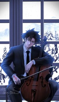 1boy black_eyes black_hair black_jacket black_necktie black_suit bow_(music) cello command_spell commentary_request dated emiya_kiritsugu fate/zero fate_(series) formal_clothes highres holding holding_bow_(music) instrument jacket majimaaa male_focus necktie signature sitting solo suit suit_jacket window