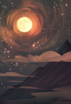 above_clouds artist_name brown_sky cloud full_moon glowing landscape moon mountain night no_humans no_lineart orange_clouds orange_light original outdoors scenery signature sky sky_focus sparkle star_(sky) starry_sky yellow_moon zandra