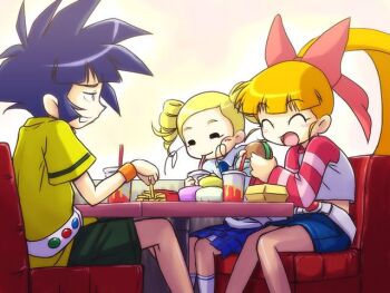 3girls akazutsumi_momoko artist_request belt blonde_hair blossom_(ppg) blue_hair blush bubbles_(ppg) burger buttercup_(ppg) cartoon_network drinkig eating food french_fries goutokuji_miyako hyper_blossom indoors laughing legs loli long_hair matsubara_kaoru mcdonald&#039;s messy_hair multiple_girls orange_hair ponytail powered_buttercup powerpuff_girls powerpuff_girls_z restaurant rolling_bubbles shirt sitting skirt soda toei_company twintails warner_bros.