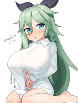 1girl absurdres braid breasts collared_shirt commentary_request dated dress_shirt green_eyes green_hair grey_hair hair_between_eyes hair_ribbon highres kantai_collection large_breasts long_hair maru_(marg0613) one-hour_drawing_challenge panties ribbon shirt simple_background single_braid solo twitter_username underwear white_background white_panties white_shirt yamakaze_(kancolle)