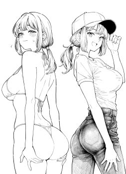 1girl ass back baseball_cap bikini blush breasts commentary cowboy_shot denim embarrassed flying_sweatdrops grabbing_own_ass greyscale half-closed_eyes hat highres jeans kuroki_yuushin large_breasts looking_at_viewer medium_hair monochrome multiple_views open_mouth original pants ponytail shirt shirt_tucked_in short_sleeves sideboob simple_background smile standing sweatdrop swimsuit tight_clothes tight_pants twisted_torso white_background