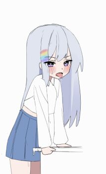 1girl animated animated_gif ayatsuno_yuni blue_skirt blush crotch_rub female_masturbation from_side grey_hair heart heart-shaped_pupils just_0012 long_hair long_sleeves looking_at_viewer looking_to_the_side masturbation multicolored_hair open_mouth purple_eyes shirt simple_background skirt solo stellive streaked_hair symbol-shaped_pupils table_humping tongue tongue_out virtual_youtuber white_background white_shirt